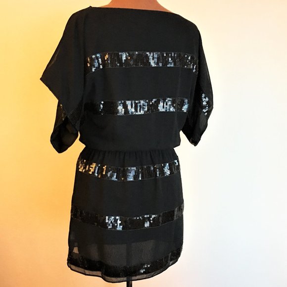 JESSICA SIMPSON Black Sequin Stripe Blouson Dress - Picture 6 of 10